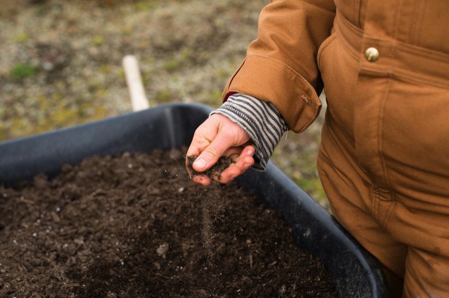 Hand sprinkling compost into a wheelbarrow
